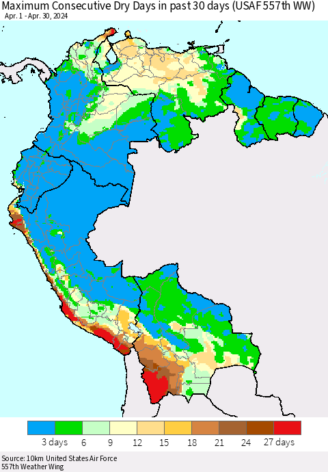 Northern South America Maximum Consecutive Dry Days in past 30 days (USAF 557th WW) 04/30/2024 Thematic Map For 4/26/2024 - 4/30/2024