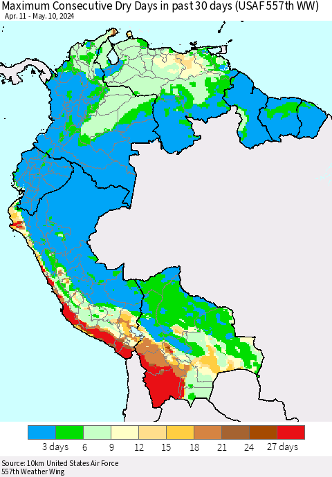 Northern South America Maximum Consecutive Dry Days in past 30 days (USAF 557th WW) 05/10/2024 Thematic Map For 5/6/2024 - 5/10/2024