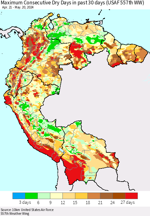 Northern South America Maximum Consecutive Dry Days in past 30 days (USAF 557th WW) 05/20/2024 Thematic Map For 5/16/2024 - 5/20/2024