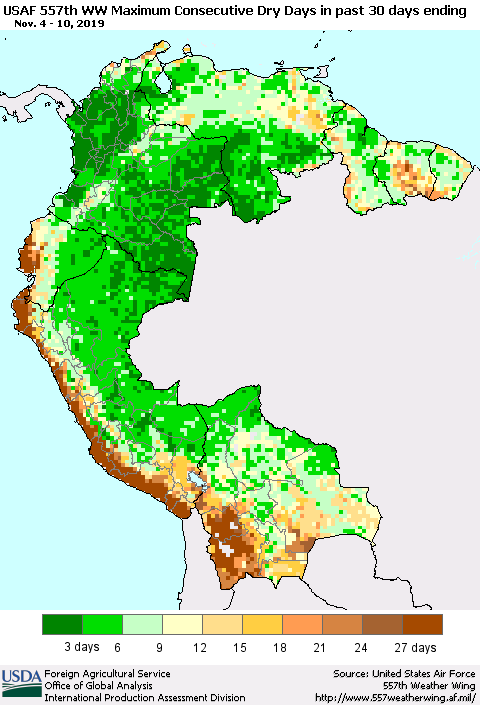 Northern South America Maximum Consecutive Dry Days in past 30 days (USAF 557th WW) 11/10/2019 Thematic Map For 11/4/2019 - 11/10/2019