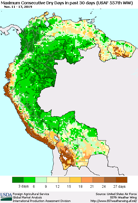 Northern South America Maximum Consecutive Dry Days in past 30 days (USAF 557th WW) 11/17/2019 Thematic Map For 11/11/2019 - 11/17/2019