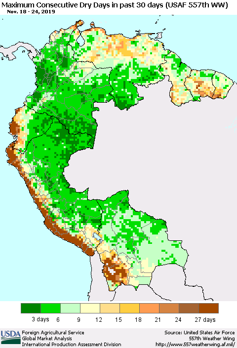 Northern South America Maximum Consecutive Dry Days in past 30 days (USAF 557th WW) 11/24/2019 Thematic Map For 11/18/2019 - 11/24/2019