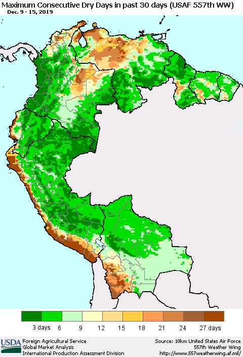 Northern South America Maximum Consecutive Dry Days in past 30 days (USAF 557th WW) 12/15/2019 Thematic Map For 12/9/2019 - 12/15/2019