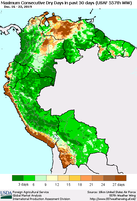 Northern South America Maximum Consecutive Dry Days in past 30 days (USAF 557th WW) 12/22/2019 Thematic Map For 12/16/2019 - 12/22/2019