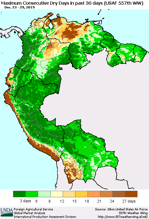 Northern South America Maximum Consecutive Dry Days in past 30 days (USAF 557th WW) 12/29/2019 Thematic Map For 12/23/2019 - 12/29/2019