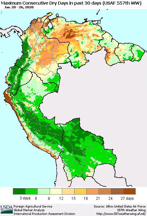 Northern South America Maximum Consecutive Dry Days in past 30 days (USAF 557th WW) 01/26/2020 Thematic Map For 1/20/2020 - 1/26/2020