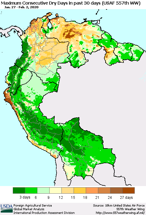 Northern South America Maximum Consecutive Dry Days in past 30 days (USAF 557th WW) 02/02/2020 Thematic Map For 1/27/2020 - 2/2/2020