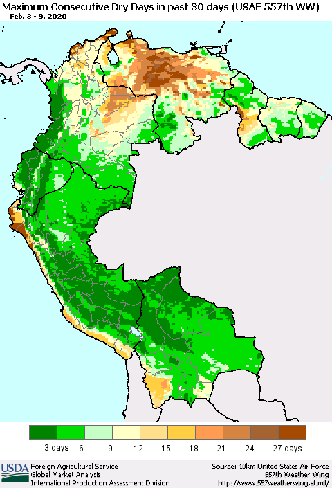 Northern South America Maximum Consecutive Dry Days in past 30 days (USAF 557th WW) 02/09/2020 Thematic Map For 2/3/2020 - 2/9/2020