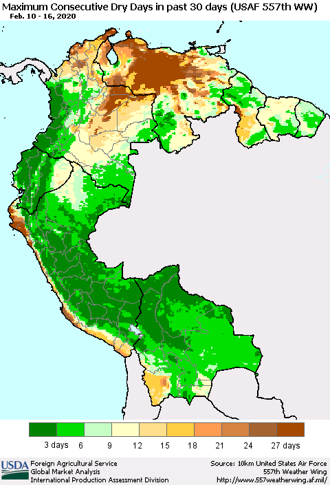 Northern South America Maximum Consecutive Dry Days in past 30 days (USAF 557th WW) 02/16/2020 Thematic Map For 2/10/2020 - 2/16/2020