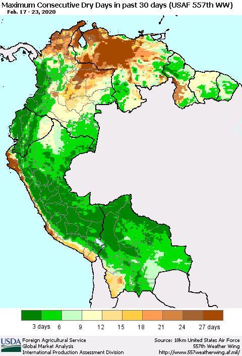 Northern South America Maximum Consecutive Dry Days in past 30 days (USAF 557th WW) 02/23/2020 Thematic Map For 2/17/2020 - 2/23/2020