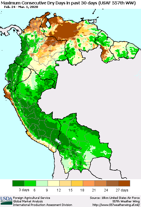 Northern South America Maximum Consecutive Dry Days in past 30 days (USAF 557th WW) 03/01/2020 Thematic Map For 2/24/2020 - 3/1/2020