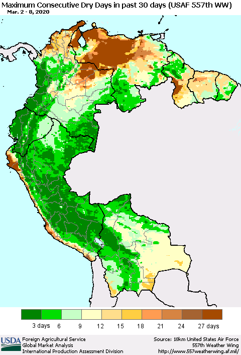 Northern South America Maximum Consecutive Dry Days in past 30 days (USAF 557th WW) 03/08/2020 Thematic Map For 3/2/2020 - 3/8/2020