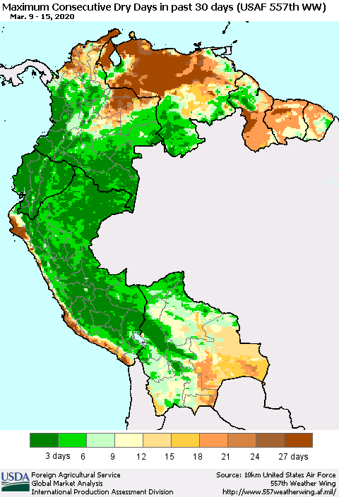 Northern South America Maximum Consecutive Dry Days in past 30 days (USAF 557th WW) 03/15/2020 Thematic Map For 3/9/2020 - 3/15/2020