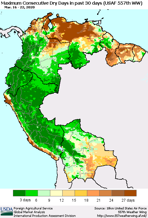 Northern South America Maximum Consecutive Dry Days in past 30 days (USAF 557th WW) 03/22/2020 Thematic Map For 3/16/2020 - 3/22/2020