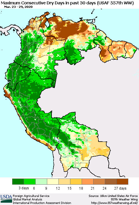 Northern South America Maximum Consecutive Dry Days in past 30 days (USAF 557th WW) 03/29/2020 Thematic Map For 3/23/2020 - 3/29/2020