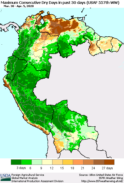 Northern South America Maximum Consecutive Dry Days in past 30 days (USAF 557th WW) 04/05/2020 Thematic Map For 3/30/2020 - 4/5/2020