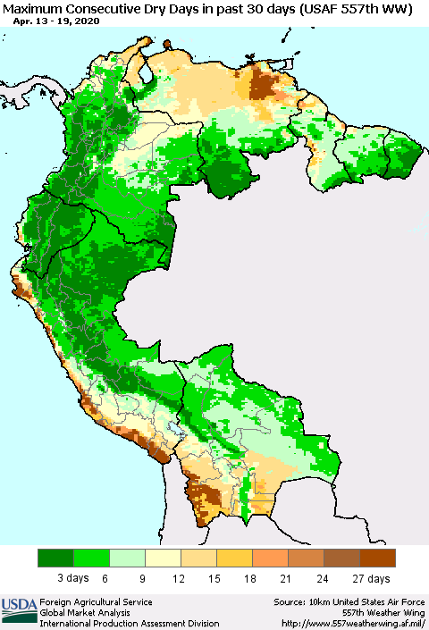Northern South America Maximum Consecutive Dry Days in past 30 days (USAF 557th WW) 04/19/2020 Thematic Map For 4/13/2020 - 4/19/2020