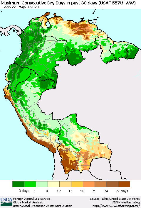Northern South America Maximum Consecutive Dry Days in past 30 days (USAF 557th WW) 05/03/2020 Thematic Map For 4/27/2020 - 5/3/2020
