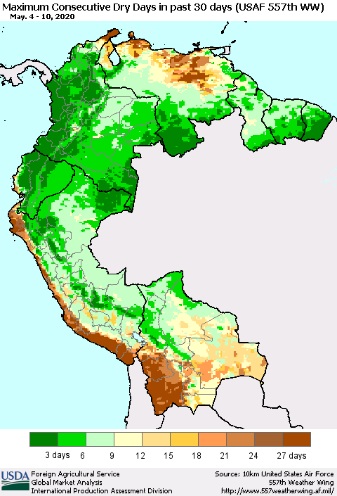 Northern South America Maximum Consecutive Dry Days in past 30 days (USAF 557th WW) 05/10/2020 Thematic Map For 5/4/2020 - 5/10/2020