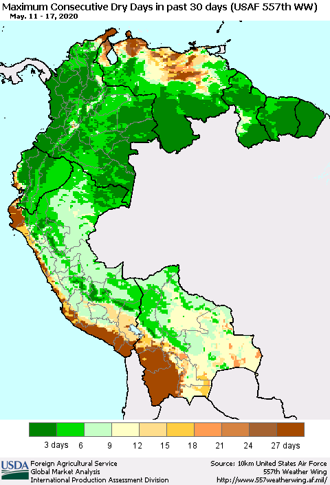 Northern South America Maximum Consecutive Dry Days in past 30 days (USAF 557th WW) 05/17/2020 Thematic Map For 5/11/2020 - 5/17/2020