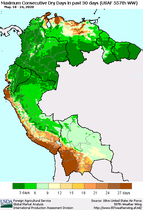Northern South America Maximum Consecutive Dry Days in past 30 days (USAF 557th WW) 05/24/2020 Thematic Map For 5/18/2020 - 5/24/2020