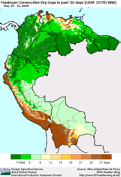 Northern South America Maximum Consecutive Dry Days in past 30 days (USAF 557th WW) 05/31/2020 Thematic Map For 5/25/2020 - 5/31/2020