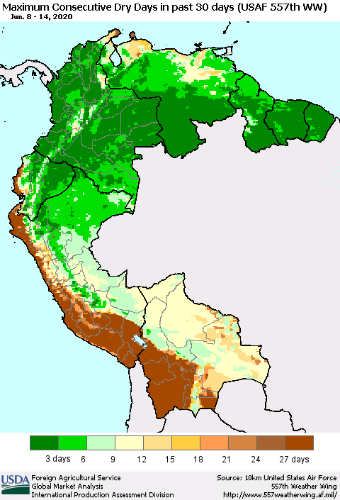Northern South America Maximum Consecutive Dry Days in past 30 days (USAF 557th WW) 06/14/2020 Thematic Map For 6/8/2020 - 6/14/2020