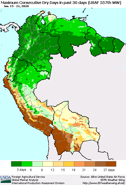 Northern South America Maximum Consecutive Dry Days in past 30 days (USAF 557th WW) 06/21/2020 Thematic Map For 6/15/2020 - 6/21/2020