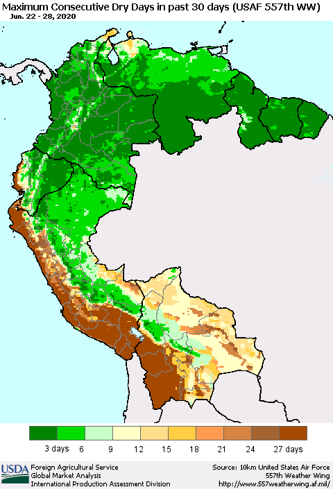 Northern South America Maximum Consecutive Dry Days in past 30 days (USAF 557th WW) 06/28/2020 Thematic Map For 6/22/2020 - 6/28/2020