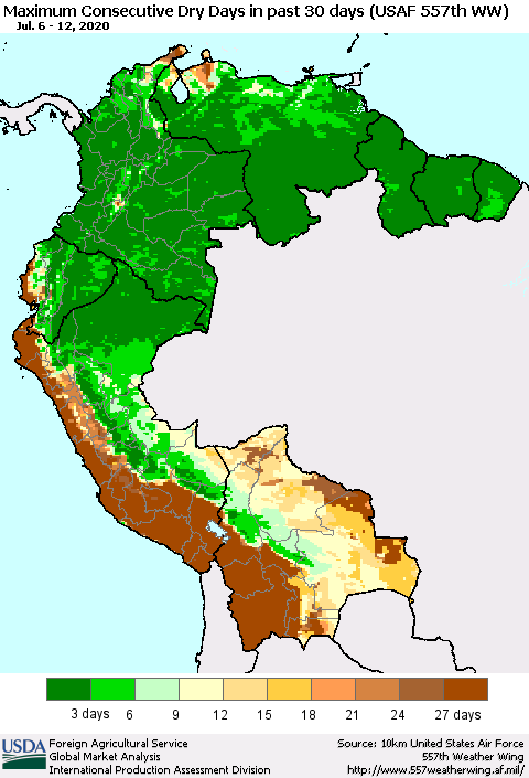 Northern South America Maximum Consecutive Dry Days in past 30 days (USAF 557th WW) 07/12/2020 Thematic Map For 7/6/2020 - 7/12/2020