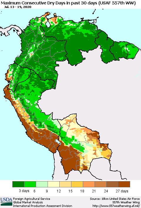 Northern South America Maximum Consecutive Dry Days in past 30 days (USAF 557th WW) 07/19/2020 Thematic Map For 7/13/2020 - 7/19/2020