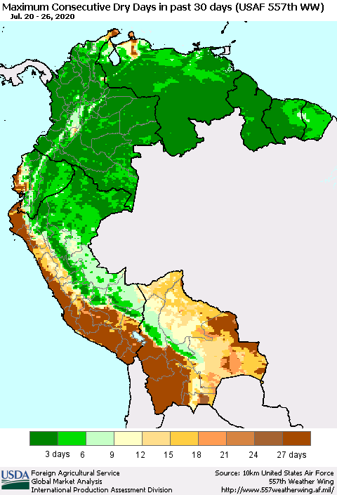 Northern South America Maximum Consecutive Dry Days in past 30 days (USAF 557th WW) 07/26/2020 Thematic Map For 7/20/2020 - 7/26/2020