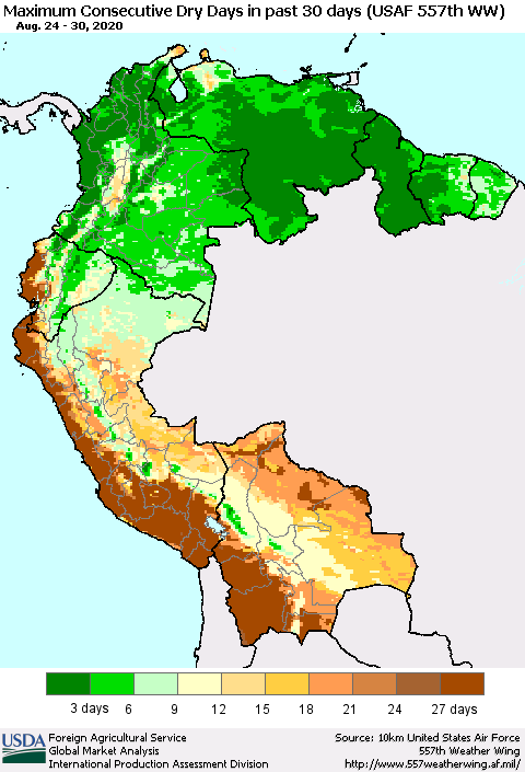 Northern South America Maximum Consecutive Dry Days in past 30 days (USAF 557th WW) 08/30/2020 Thematic Map For 8/24/2020 - 8/30/2020