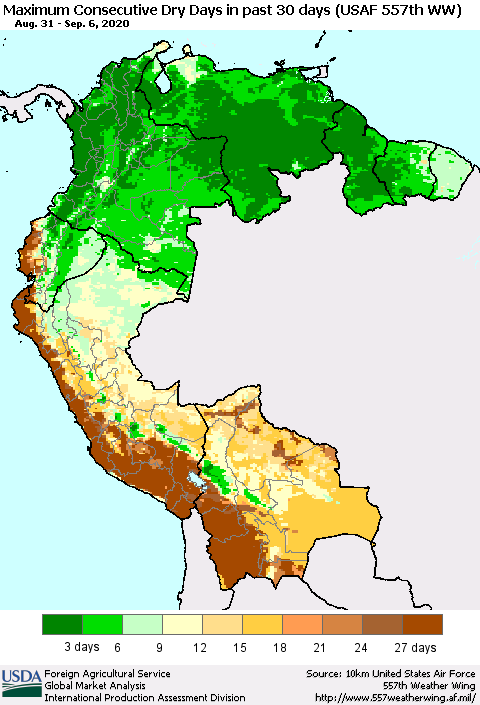 Northern South America Maximum Consecutive Dry Days in past 30 days (USAF 557th WW) 09/06/2020 Thematic Map For 8/31/2020 - 9/6/2020