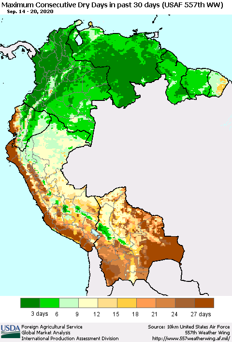 Northern South America Maximum Consecutive Dry Days in past 30 days (USAF 557th WW) 09/20/2020 Thematic Map For 9/14/2020 - 9/20/2020