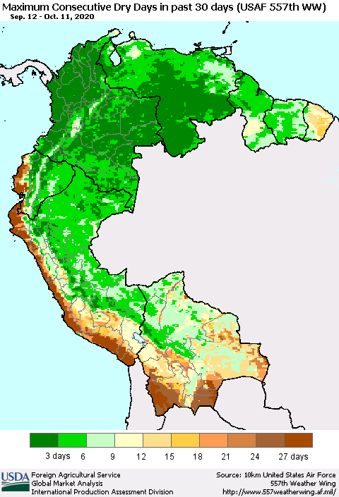 Northern South America Maximum Consecutive Dry Days in past 30 days (USAF 557th WW) 10/11/2020 Thematic Map For 10/5/2020 - 10/11/2020