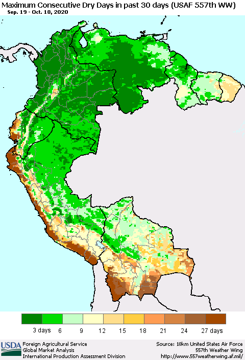 Northern South America Maximum Consecutive Dry Days in past 30 days (USAF 557th WW) 10/18/2020 Thematic Map For 10/12/2020 - 10/18/2020