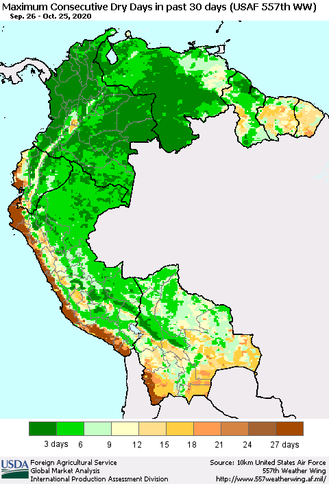 Northern South America Maximum Consecutive Dry Days in past 30 days (USAF 557th WW) 10/25/2020 Thematic Map For 10/19/2020 - 10/25/2020
