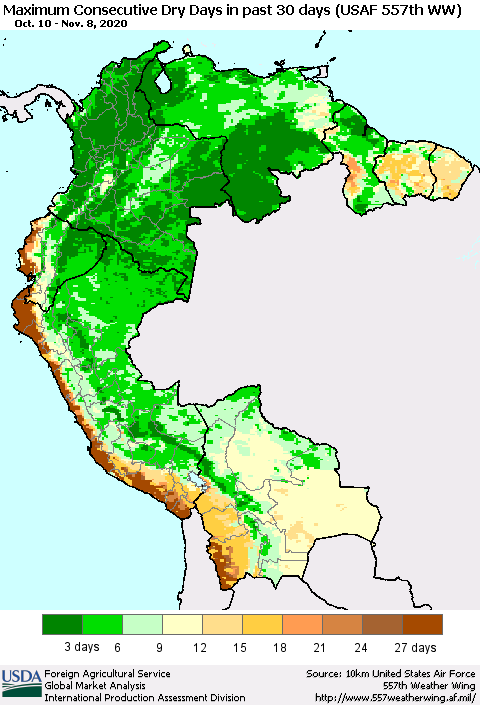 Northern South America Maximum Consecutive Dry Days in past 30 days (USAF 557th WW) 11/08/2020 Thematic Map For 11/2/2020 - 11/8/2020