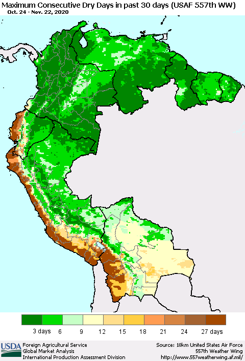 Northern South America Maximum Consecutive Dry Days in past 30 days (USAF 557th WW) 11/22/2020 Thematic Map For 11/16/2020 - 11/22/2020