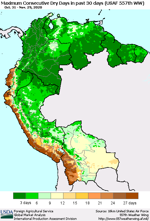 Northern South America Maximum Consecutive Dry Days in past 30 days (USAF 557th WW) 11/29/2020 Thematic Map For 11/23/2020 - 11/29/2020