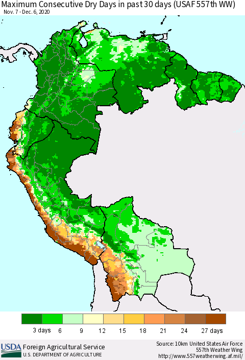 Northern South America Maximum Consecutive Dry Days in past 30 days (USAF 557th WW) 12/06/2020 Thematic Map For 11/30/2020 - 12/6/2020