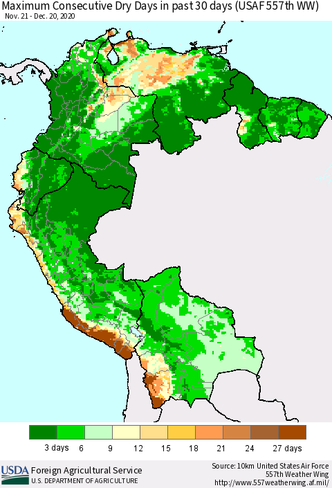 Northern South America Maximum Consecutive Dry Days in past 30 days (USAF 557th WW) 12/20/2020 Thematic Map For 12/14/2020 - 12/20/2020