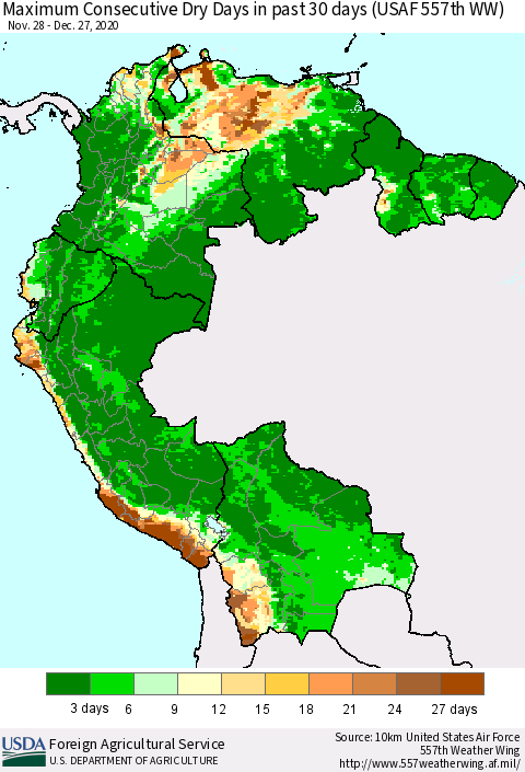 Northern South America Maximum Consecutive Dry Days in past 30 days (USAF 557th WW) 12/27/2020 Thematic Map For 12/21/2020 - 12/27/2020