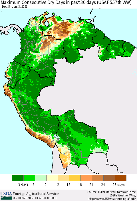Northern South America Maximum Consecutive Dry Days in past 30 days (USAF 557th WW) 01/03/2021 Thematic Map For 12/28/2020 - 1/3/2021