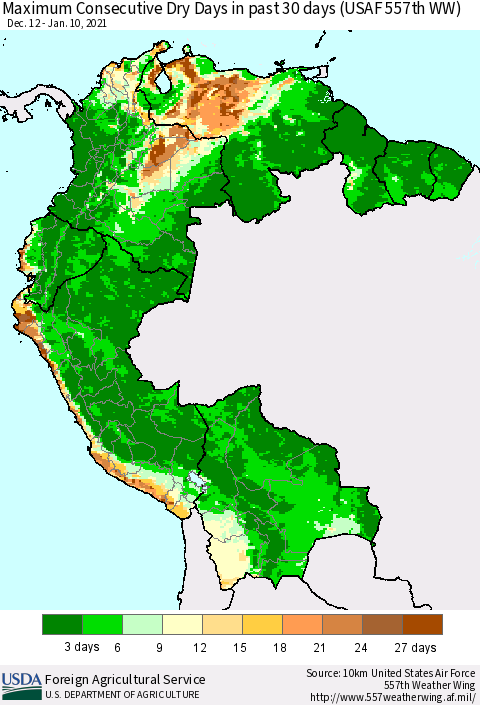 Northern South America Maximum Consecutive Dry Days in past 30 days (USAF 557th WW) 01/10/2021 Thematic Map For 1/4/2021 - 1/10/2021