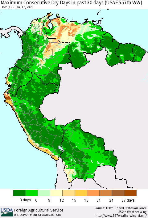 Northern South America Maximum Consecutive Dry Days in past 30 days (USAF 557th WW) 01/17/2021 Thematic Map For 1/11/2021 - 1/17/2021