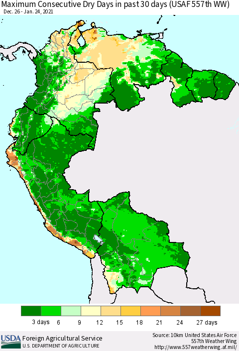 Northern South America Maximum Consecutive Dry Days in past 30 days (USAF 557th WW) 01/24/2021 Thematic Map For 1/18/2021 - 1/24/2021