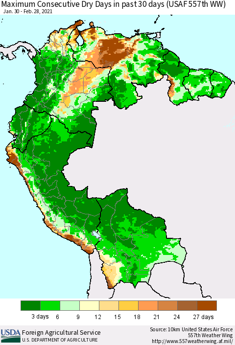 Northern South America Maximum Consecutive Dry Days in past 30 days (USAF 557th WW) 02/28/2021 Thematic Map For 2/22/2021 - 2/28/2021