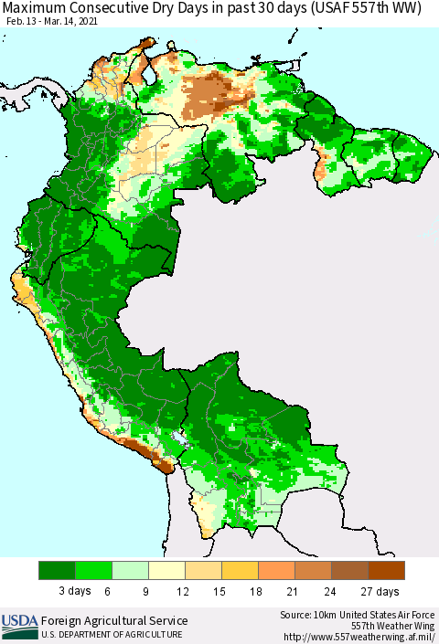 Northern South America Maximum Consecutive Dry Days in past 30 days (USAF 557th WW) 03/14/2021 Thematic Map For 3/8/2021 - 3/14/2021